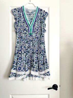 Poupette St Barth Floral Flutter Sleeve Mini Dress Coverup in Blue Multi Size S